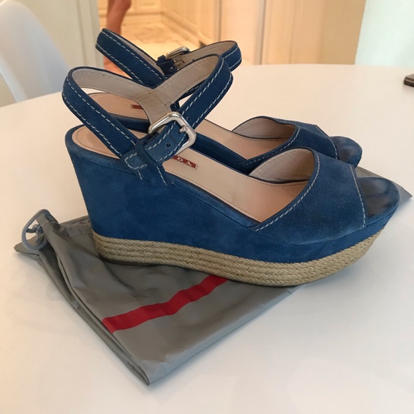 Prada Shoes - PRADA Cadet Blue Suede Wedge Sandals Sz: 391/2